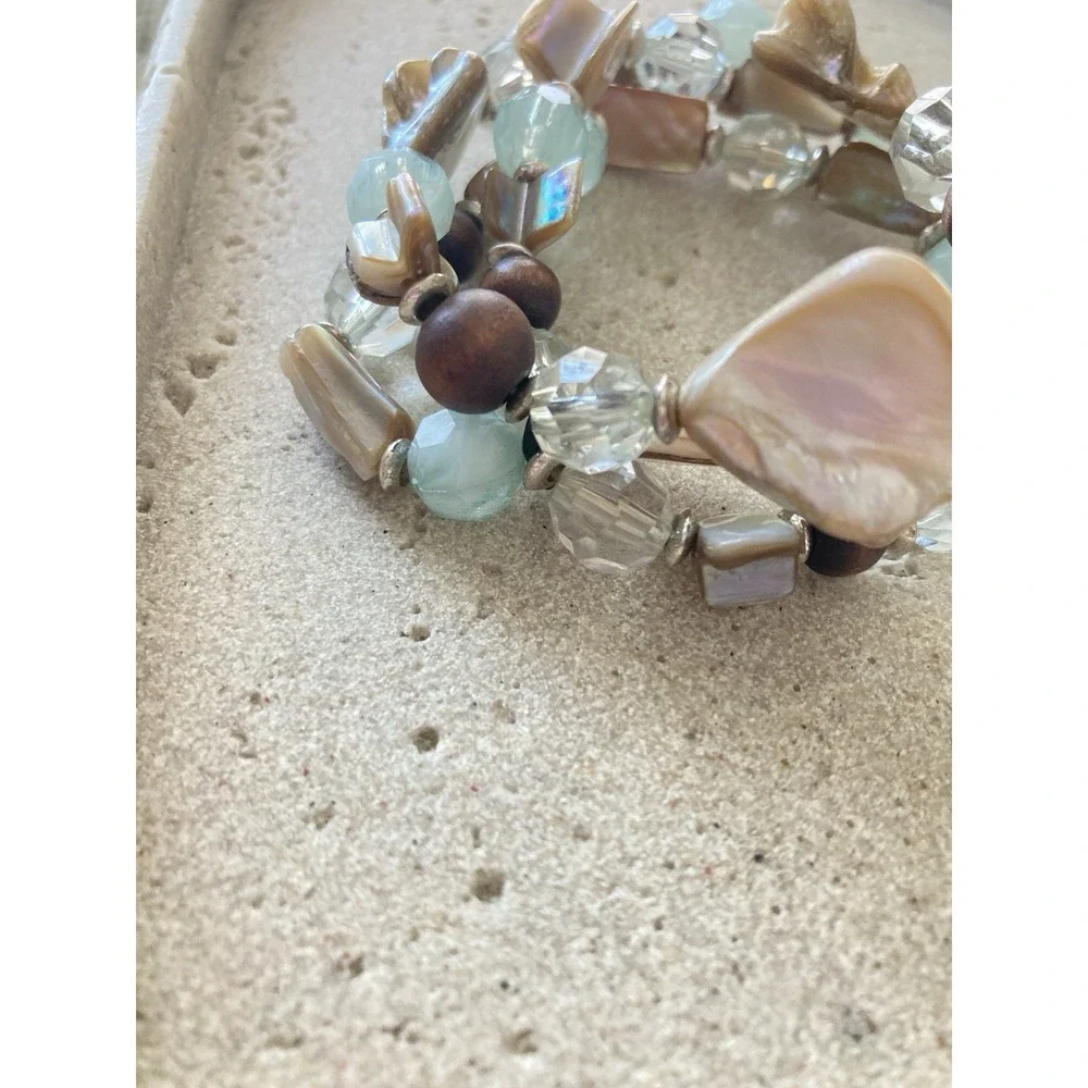 Coastal Bracelet Stack Faux Shell Clear Faceted Aqua Brown Beads Beachy‎ Stretch